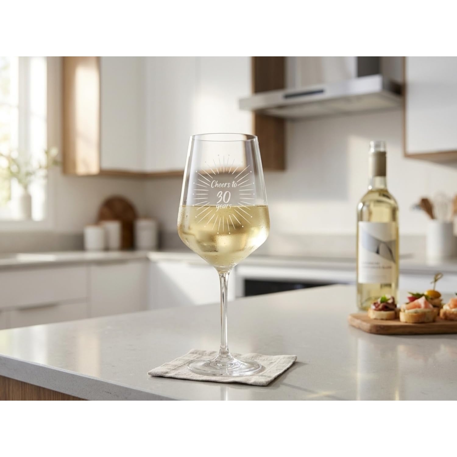 Cheers to 30 Years Engraved Wine Glass, detail view